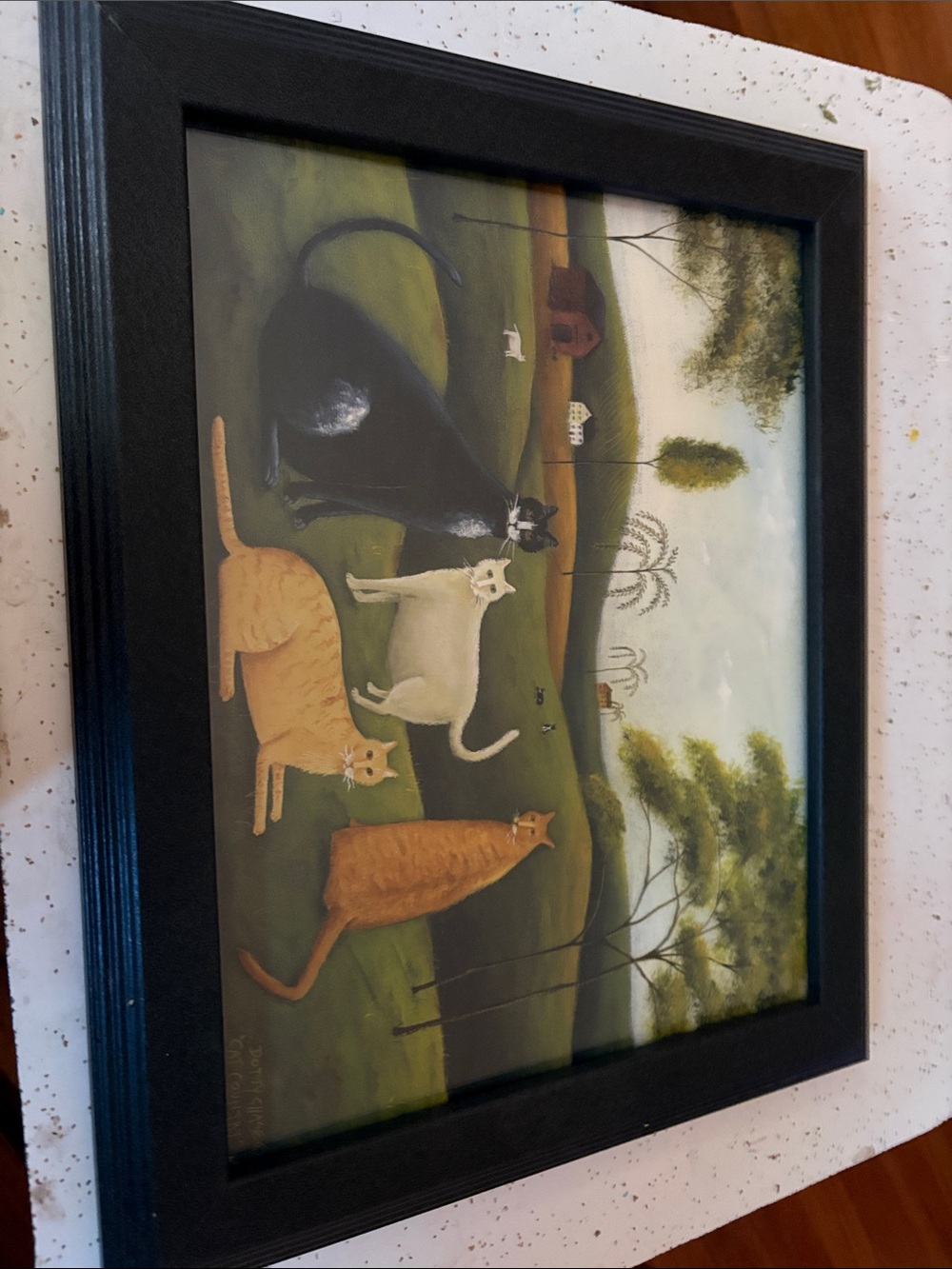 Framed Whimsical Cats Landscape Wall Art -“Cat Country” by Dotty Chase
